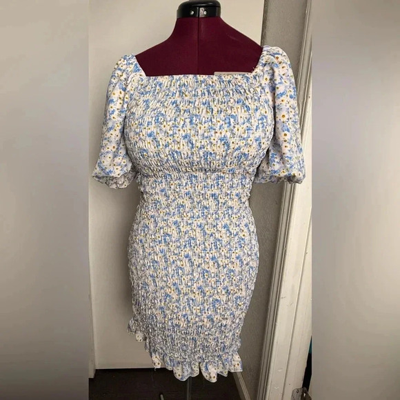 NTW Women Floral Puff Sleeve Mini Dress Square Neck Ruffle Hem Bodycon Dresses - Picture 2 of 9